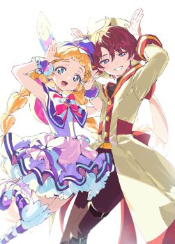 Rule 34 | 1boy, 1girl, beret, blonde hair, blue eyes, braid, brown hair, coat, commentary request, cure friendy, dress, hands up, hat, highres, inukai iroha, long hair, looking at viewer, magical boy, magical girl, nownnownn, pants, precure, purple dress, purple eyes, rabbit pose, short hair, simple background, sleeveless, sleeveless dress, smile, thighhighs, toyama satoru, toyama satoru (magical boy), twin braids, very long hair, white background, wonderful precure!, wrist cuffs, zettai ryouiki