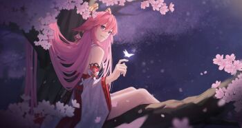 1girl 580736 bug butterfly cherry_blossoms genshin_impact in_tree insect light_smile long_hair looking_at_viewer night parted_lips pink_hair purple_eyes single_bare_shoulder sitting sitting_in_tree solo tree very_long_hair yae_miko