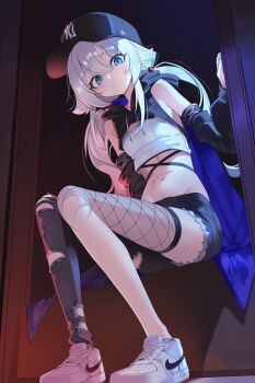 1girl absurdres bare_shoulders baseball_cap black_hat blue_eyes commentary_request grey_hair hair_between_eyes hat highres long_hair looking_at_viewer mellow_kaede navel original short_shorts shorts thighs white_hair