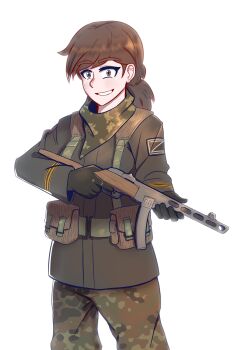 Rule 34 | 1girl, absurdres, assault rifle, brown hair, camouflage, camouflage pants, crazy eyes, crazy smile, fluffkaiser, gloria sharp, gun, highres, holding, holding gun, holding weapon, load bearing vest, military, military uniform, original, pants, ppsh-41, rifle, russo-ukrainian war, simple background, smile, solo, submachine gun, weapon, z (russian symbol)