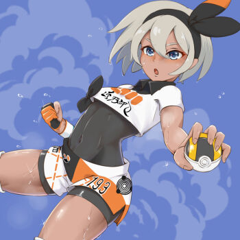 1girl :o bakeneko_(ghost_cat0825) bea_(pokemon) black_bodysuit black_hairband blue_background blue_eyes bodysuit bodysuit_under_clothes bow_hairband clenched_hand commentary covered_navel gloves grey_hair hair_between_eyes hairband holding holding_poke_ball nintendo open_mouth partially_fingerless_gloves poke_ball pokemon pokemon_swsh print_shirt print_shorts shirt short_hair short_sleeves shorts single_glove solo sweat ultra_ball white_shirt white_shorts