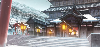 commentary_request highres icicle lantern nagi_itsuki no_humans original outdoors overcast pixiv_fantasia pixiv_fantasia_age_of_starlight scenery sitting sky snow snowing stairs tree