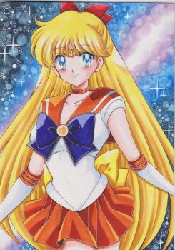 Rule 34 | 1girl, :d, absurdres, aino minako, back bow, bishoujo senshi sailor moon, blonde hair, blue background, blue bow, blue bowtie, blue eyes, blush, bow, bowtie, chikoto (kztc4472), choker, circlet, collarbone, commentary, elbow gloves, gloves, hair ribbon, hand up, highres, long hair, looking at viewer, magical girl, miniskirt, open mouth, orange choker, orange sailor collar, orange skirt, ribbon, sailor collar, sailor senshi uniform, sailor venus, skirt, smile, solo, traditional media, white gloves, yellow bow