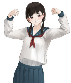 1girl black_hair blue_sailor_collar brown_eyes commentary_request commission flexing grin highres long_sleeves low_twintails necktie original pixiv_commission pleated_skirt red_necktie sailor_collar school_uniform serafuku skirt smile solo tama_(tamago) twintails upper_body