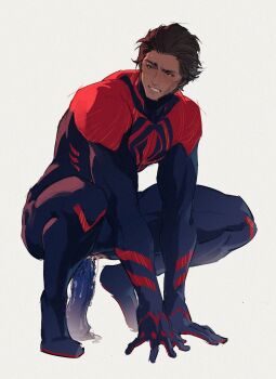 1boy anal anal_object_insertion animal_print blue_bodysuit blush bodysuit brown_hair bulge cheekbones clenched_teeth dark-skinned_male dark_skin dildo dildo_riding drooling fangs hair_slicked_back highres large_pectorals lubrication male_focus male_penetrated marvel miguel_o&#039;hara moko_(gloriaaaaaa) multicolored_bodysuit muscular muscular_male object_insertion pectorals print_bodysuit red_bodysuit red_eyes sex_toy skin_tight solo spider-man:_across_the_spider-verse spider-man:_into_the_spider-verse spider-man_(2099) spider-man_(series) spider-verse spider_print spread_legs squatting squatting_cowgirl_position sweat teeth thick_thighs thighs torn_bodysuit torn_clothes two-tone_bodysuit
