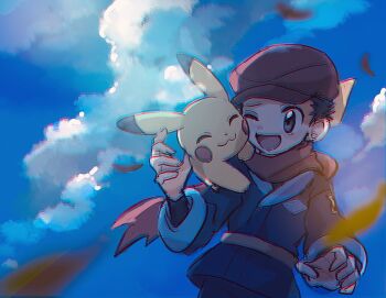 Rule 34 | 1boy, anzu (01010611), black eyes, black hair, closed eyes, cloud, commentary request, day, galaxy team survey corps uniform, gen 1 pokemon, hat, highres, nintendo, on shoulder, one eye closed, open mouth, outdoors, pikachu, pokemon, pokemon (creature), pokemon legends: arceus, pokemon on shoulder, red hat, red scarf, rei (pokemon), scarf, short hair, yellow fur