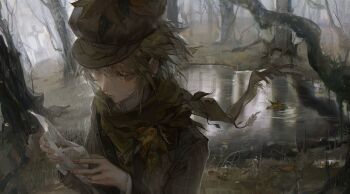 0212tu 1boy autumn_leaves bag blonde_hair brown_eyes brown_hat brown_jacket brown_scarf brown_theme flat_cap floating_clothes floating_hair forest grass grave grid_print hat highres holding holding_bag identity_v jacket lake leaf looking_at_object male_focus nature official_alternate_costume scarf scenery solo tree upper_body victor_grantz victor_grantz_(autumn_reverie) water