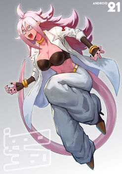 1girl android_21 bracelet breasts cleavage colored_skin dragon_ball dragon_ball_fighterz ear_piercing fangs female_focus full_body glasses grey_eyes highres ippo jewelry lab_coat large_breasts long_hair majin_android_21 monster_girl nail_polish piercing pink_hair pink_skin pointy_ears scientist solo tail