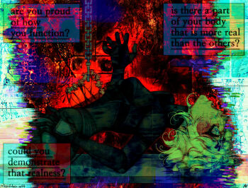 1girl abstract_background basil-does-arttt black_bodysuit black_eyeliner blue_eyes bodysuit breasts chain commentary cowboy_shot dialogue_box english_commentary english_text eyeliner from_side glitch guro hair_ornament hairclip hand_up highres horror_(theme) lying makeup marie_(peripeteia) on_back peripeteia screaming short_hair small_breasts solo spinal_cord tumblr_username wide-eyed