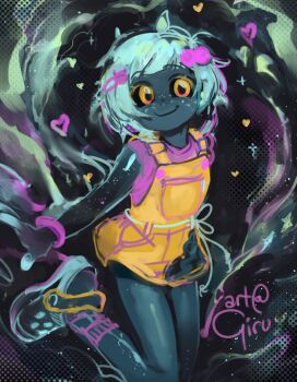 1girl 2024 artist_name bare_legs black_background child crocs freckles girutea heart highres indie_virtual_youtuber inverted_colors lily_hopkins looking_at_viewer negative rkgk shoes smile solo virtual_youtuber yellow_eyes