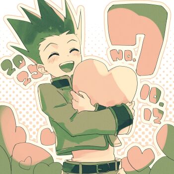 1boy beer611gold belt blush gon_freecss green_jacket green_shorts happy heart highres holding holding_heart hunter_x_hunter jacket male_focus open_mouth outline polka_dot short_hair shorts smile solo spiked_hair teeth