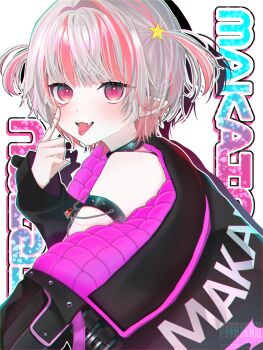 1girl akanbe arm_strap black_collar black_jacket blunt_bangs blush chain clothes_writing collar colored_inner_hair ear_cuffs eyelid_pull fang from_side grey_hair hair_intakes highres jacket looking_at_viewer makaino_ririmu makaino_ririmu_(6th_costume) multicolored_hair nijisanji no_headwear parted_lips pink_hair pink_jacket pntr_q pointy_ears red_eyes short_hair single_off_shoulder skin_fang solo spiked_collar spikes star_(symbol) streaked_hair text_background tongue tongue_out two-sided_fabric two-sided_jacket two_side_up upper_body virtual_youtuber watermark white_background wolf_cut
