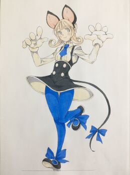 1girl animal_ears black_dress black_eyes black_hairband black_shoes blonde_hair blue_bow blue_necktie blue_pantyhose bow closed_mouth collared_shirt commentary_request dress fake_animal_ears fake_tail flipped_hair full_body gloves hairband hands_up highres juliet_sleeves leg_up long_sleeves mouse_ears mouse_tail necktie original pantyhose peter_salt puffy_sleeves shirt shoes short_dress short_hair smile solo standing standing_on_one_leg tail tail_bow tail_ornament traditional_media underbust white_background white_gloves white_shirt