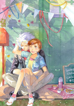 1boy 1girl black_shoes blue_jacket brown_eyes brown_hair classicaloid closed_mouth commentary_request hair_ornament hetero jacket kankichi ludwig_van_beethoven_(classicaloid) mailbox_(incoming_mail) one_eye_closed open_mouth otowa_kanae outdoors painting_(medium) pants pink_socks plate shoes sitting sitting_on_lap sitting_on_person socks string_of_flags thermos traditional_media watercolor_(medium) white_hair white_pants white_shoes x_hair_ornament