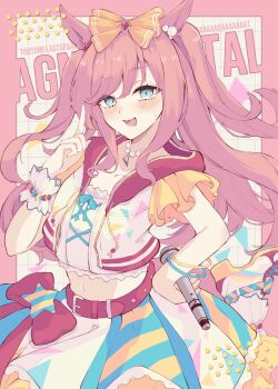 1girl agnes_digital_(super_express!_full_color_special)_(umamusume) agnes_digital_(umamusume) animal_ears bead_necklace beads belt blue_eyes blush bow bracelet breasts cropped_shirt hair_bow highres holding holding_microphone horse_ears horse_girl horse_tail jewelry long_hair looking_at_viewer microphone midriff multicolored_skirt navel necklace open_mouth pink_hair red_belt red_hood ri_cochet shirt single_wrist_cuff skirt smile solo sweat tail umamusume white_shirt wrist_cuffs yellow_bow