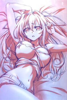 1girl arms_up bed_sheet blush breasts camisole cleavage collarbone commentary_request covered_erect_nipples denim denim_shorts hair_intakes hair_ribbon highres long_hair looking_at_viewer lying naruse_mio navel official_artist_extra on_back open_mouth ribbon shinmai_maou_no_testament short_shorts shorts sketch smile solo twintails two_side_up watanabe_yoshihiro