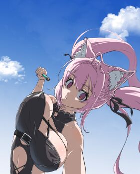 1girl animal_ears antenna_hair bare_shoulders belt black_belt black_dress black_ribbon blue_sky braid breasts closed_mouth cloud cloudy_sky collarbone day dress fingernails first_date_idea_(meme) hair_ribbon hakui_koyori highres holding holding_test_tube hololive incoming_attack incoming_punch large_breasts long_hair looking_at_viewer meme nail_polish navel outdoors photo-referenced pink_eyes pink_hair pink_nails punching ribbon skindentation sky solo stomach test_tube toriyoshi_(mmxn3582) unaligned_breasts virtual_youtuber wolf_ears wolf_girl