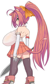 1girl ahoge animal_ear_fluff animal_ears back black_thighhighs breasts brown_hair cat_ears cat_girl cat_tail elbow_gloves from_behind gloves green_eyes hair_intakes hair_ornament hair_ribbon hairclip holding holding_sword holding_weapon huge_breasts long_hair looking_back orange_ribbon orange_skirt original pink_shoes ponytail rafoll red_hair ribbon shirt shoes skirt sleeveless sleeveless_shirt solo standing sword tail thighhighs weapon white_background white_gloves white_shirt