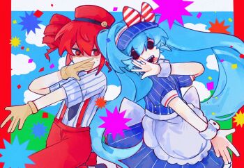 2girls \||/ apron back-to-back back_bow bare_arms black_eyes black_mouth black_necktie black_shoes blue_dress blue_hair blue_hat blue_shirt blue_sky bow bright_pupils buttons cloud commentary confetti covered_mouth cowboy_shot day diagonal-striped_bow double-parted_bangs dress drill_hair floating_hair frilled_apron frills gloves gongs0313 hair_between_eyes hair_intakes hand_up hat hatsune_miku kasane_teto long_hair looking_at_another looking_at_viewer looking_back mesmerizer_(vocaloid) multiple_girls necktie outdoors outside_border outstretched_arm pale_skin pants pinstripe_dress pinstripe_pattern puffy_short_sleeves puffy_sleeves red_bow red_eyes red_hair red_hat red_pants red_pupils shaded_face sharp_teeth shirt shoes short_dress short_hair short_sleeves sideways_glance simple_background sky standing standing_on_one_leg striped_bow striped_clothes striped_shirt suspenders symbol-only_commentary teeth tongue tongue_out twin_drills twintails two-tone_bow two-tone_shirt utau vertical-striped_clothes vertical-striped_shirt very_long_hair visor_cap vocaloid waist_apron white_apron white_bow white_shirt wristband yellow_gloves
