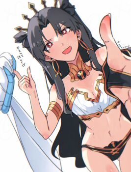 1girl black_hair breasts commentary_request earrings fate/grand_order fate_(series) hair_ribbon highres hoop_earrings ishtar_(fate) jewelry long_hair looking_at_viewer medium_breasts navel red_eyes ribbon tiara two_side_up xxxxay
