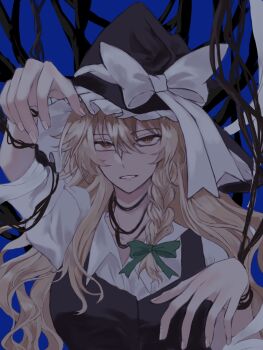 1girl arm_up black_hat black_vest blonde_hair bound bound_arms bound_wrists bow braid entangled hair_between_eyes hair_bow hand_up hat hat_bow highres kirisame_marisa long_hair parted_lips puffy_short_sleeves puffy_sleeves red_bow remonedo_(user_mxej3824) shirt short_sleeves side_braid single_braid solo touhou very_long_hair vest white_bow white_shirt witch_hat yellow_eyes