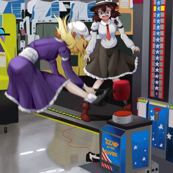 2girls absurdres black_hat black_skirt blonde_hair brown_eyes brown_hair collared_shirt frilled_skirt frills hammer hat highres hitting holding holding_hammer indoors long_sleeves maribel_hearn mob_cap multiple_girls open_mouth purple_eyes shirt short_hair skirt strongman_game toogeruu touhou usami_renko white_hat white_shirt