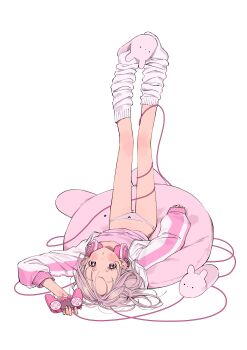 1girl absurdres animal_slippers bean_bag_chair blush cable commentary controller full_body game_controller headphones headphones_around_neck highres holding holding_controller holding_game_controller jacket leg_warmers legs_up long_sleeves lying no_pants on_back open_clothes open_jacket original panties pink_hair pink_slippers simple_background slippers socks solo symbol-only_commentary underwear unworn_slippers upside-down wata_kinoshi white_background white_leg_warmers white_panties white_socks