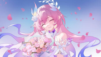 1girl bare_shoulders bouquet chinese_commentary closed_eyes commentary_request cyrene_(demiurge)_(honkai:_star_rail) cyrene_(honkai:_star_rail) flower hair_flower hair_ornament holding holding_bouquet honkai:_star_rail honkai_(series) petals pink_hair pointy_ears simple_background smile solo upper_body yushi_yels