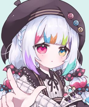 1girl beret blunt_bangs braid hand_up hat heterochromia highres hino_(i504a22o) index_finger_raised jogasaki_noah long_hair looking_at_viewer mahou_shoujo_no_majo_saiban multi-tied_hair multicolored_hair neck_ribbon pink_eyes ribbon solo streaked_hair upper_body white_hair yellow_eyes