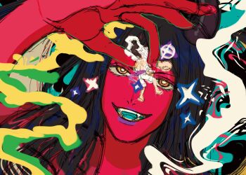 Rule 34 | 1boy, 1girl, alternate form, black hair, blunt bangs, carrying, carrying person, colored skin, demon girl, demonio fleur, fangs, gear fifth, giant, giantess, hagoromo, hana hana no mi, highres, horns, long hair, monkey d. luffy, nico robin, one piece, purple sash, red skin, sash, shawl, shorts, smile, sparkle, topless male, white hair, white shorts, yoki (ricardo blue73)