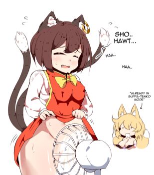 2girls animal_ear_fluff animal_ears blonde_hair blush brown_hair cat_ears cat_girl cat_tail chen commentary cooler dress drooling earrings english_commentary english_text fang flying_sweatdrops fox_ears fox_girl fox_tail gap_(touhou) groin jewelry jungleboyayaya multiple_girls multiple_tails navel open_mouth pulling_own_clothes red_dress short_hair simple_background single_earring solo_focus sweat tail touhou two_tails white_background yakumo_ran yuri