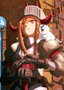 1girl absurdres animal animal_on_shoulder armor blue_butterfly bug butterfly cat cat_on_shoulder chainsaw_man cloudbuster_104 cross-shaped_pupils day hair_between_eyes hammer helmet highres holding holding_hammer horns insect knight long_hair meowy_(chainsaw_man) multiple_horns orange_hair outdoors power_(chainsaw_man) red_eyes red_horns solo symbol-shaped_pupils tail tail_wagging war_hammer weapon