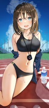 1girl absurdres black_buruma black_sports_bra blue_eyes blue_jacket blue_sky bottle breasts brown_hair buruma cleavage cloud collarbone commentary_request day grass highres jacket looking_at_viewer medium_breasts medium_hair navel open_mouth original outdoors sakura_yuu_(hzjy8485) school_uniform sitting skindentation sky smile sports_bra teeth thighs timer track_and_field upper_teeth_only water_bottle