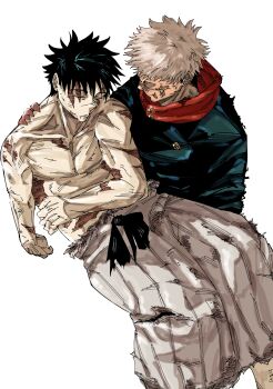 2boys absurdres battle_damage battle_scarred black_hair carrying carrying_person fushiguro_megumi hakama highres itadori_yuuji japanese_clothes jujutsu_kaisen male_focus multiple_boys pale_skin red_hood scar scar_across_eye scar_on_face simple_background spiked_hair toned toned_male vroom622226 white_background white_hakama