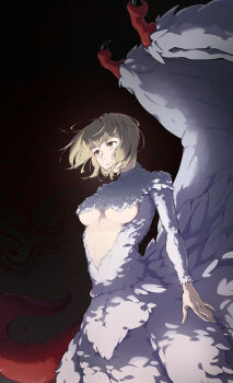 1girl absurdres black_background blonde_hair body_fur breasts centauroid chimera closed_mouth commentary_request cowboy_shot dora_ra207 dungeon_meshi falin_touden falin_touden_(chimera) feathered_wings feathers hair_between_eyes highres medium_breasts monster_girl red_scales short_hair sidelocks solo standing stomach taur underboob white_feathers wings yellow_eyes