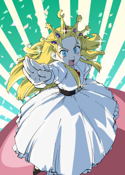 1girl artist_request belt_around_waist blonde_hair blue_eyes crown cyberbots devilot_de_deathsatan_ix dress forehead gem highres jeweled_crown princess red_gemstone tagme white_dress