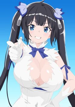 1girl black_hair blue_background blue_eyes breasts cleavage cleavage_cutout clothing_cutout dress dungeon_ni_deai_wo_motomeru_no_wa_machigatteiru_darou_ka gloves hand_on_own_hip hestia_(danmachi) highres large_breasts light_blush lips long_hair looking_at_viewer open_mouth philip98267134 pointing pointing_at_viewer simple_background smile solo teeth twintails very_long_hair white_dress white_gloves