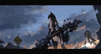 3girls absurdres ammunition_belt architect_(girls'_frontline) asymmetrical_hair asymmetrical_legwear bandeau belt black_gloves black_hair blue_sky boots capacitor cleavage_cutout clothing_cutout cloud commentary_request concrete destroyer_(girls'_frontline) directed-energy_weapon drill_hair drone dutch_angle elbow_gloves emblem energy_gun energy_weapon gas_mask girls'_frontline gloves glowing glowing_eyes hair_tubes highres letterboxed long_hair looking_back mask multiple_girls orange_eyes pink_eyes rebar respirator road_sign rubble sangvis_ferri scarecrow_(girls'_frontline) shorts sign signpost sky thighhighs twilight twintails uneven_legwear very_long_hair waist_cape weapon white_hair wjn-rance yellow_eyes
