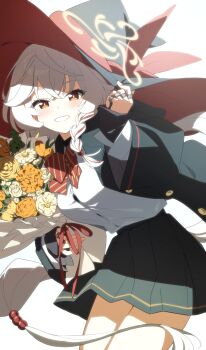 1girl black_jacket black_skirt blue_archive bouquet bow bowtie braid breasts brown_eyes brown_halo collared_shirt commentary diagonal-striped_bow diagonal-striped_bowtie diagonal-striped_clothes eri_(blue_archive) flower grin gulim halo hand_on_headwear hat highres holding holding_bouquet jacket jewelry large_breasts large_hat long_hair long_sleeves looking_at_viewer multicolored_hair multiple_rings official_artist_extra pleated_skirt red_bow red_bowtie ring shirt side_halo skirt smile solo streaked_hair striped_bow striped_bowtie striped_clothes symbol-only_commentary tilted_halo two-sided_fabric two-sided_headwear unbuttoned_jacket undershirt very_long_hair white_background white_hair white_shirt witch_hat