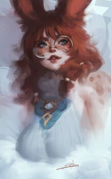 1girl animal_ears aurora_(league_of_legends) bare_shoulders blush breasts freckles glasses grey_eyes highres large_breasts league_of_legends long_hair rabbit_ears rabbit_girl red_hair red_lips round_eyewear shiny_lips solo sophyucha teeth upper_body
