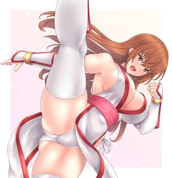 Rule 34 | 1girl, absurdres, arm guards, axe kick, breasts, brown eyes, brown hair, dead or alive, detached sleeves, hair between eyes, hiballista, high kick, highres, kasumi (doa), kicking, large breasts, long hair, looking at viewer, open mouth, panties, pelvic curtain, side-tie panties, solo, standing, standing on one leg, thighhighs, underwear, very long hair, white panties, white sleeves, white thighhighs
