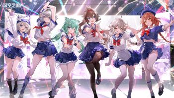 6+girls :q \m/ aether_gazer ahoge arms_up beret black_pantyhose black_socks blue_eyes blue_hat blue_sailor_collar blue_shirt blue_skirt bow bowtie braid brown_hair checkered_clothes checkered_skirt green_hair grey_hair hairband hat high_ponytail highres idol leviathan_(aether_gazer) light_blush logo long_hair looking_at_viewer low_twin_braids low_twintails midriff_peek multiple_girls neckerchief official_art one_eye_closed orange_eyes osiris_(aether_gazer) pantyhose pleated_skirt ponytail pout red_bow red_bowtie red_hair red_hairband red_neckerchief sailor_collar shirt short_hair skirt socks stage thor_(aether_gazer) tongue tongue_out twin_braids twintails verthandi_(aether_gazer) vidar_(aether_gazer) white_hair white_sailor_collar white_shirt zenkibo_tengu