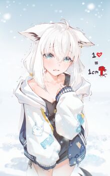 Rule 34 | 1girl, absurdres, ahoge, animal ear piercing, animal ears, black shirt, blue eyes, breasts, cold, collarbone, commentary, ears down, fox ears, fox girl, fox print, fox tail, hair between eyes, highres, hololive, hood, hood down, hooded jacket, hyde (tabakko), jacket, like and retweet, looking at viewer, open mouth, shirakami fubuki, shirt, single off shoulder, small breasts, solo, symbol-only commentary, tail, tearing up, virtual youtuber, white hair