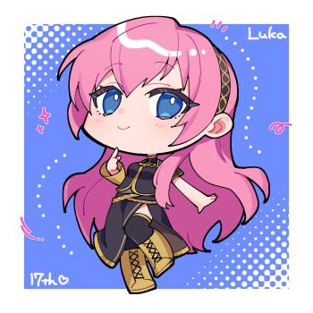 1girl anniversary black_shirt black_skirt black_thighhighs blue_eyes blush boots breasts brown_hairband character_name chibi chibi_only closed_mouth commentary_request detached_sleeves hair_between_eyes hairband heart highres long_hair megurine_luka odd_(miyoru) pink_hair shirt side_slit single_detached_sleeve skirt smile solo thighhighs very_long_hair vocaloid yellow_boots yellow_sleeves