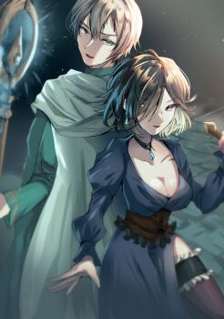 1boy 1girl aqua_gemstone aqua_robe back-to-back black_corset black_eyes black_hair breasts cape cleavage collarbone colored_eyelashes commentary_request corset double-parted_bangs dress earrings film_grain garter_belt gem hair_over_one_eye highres holding holding_staff holding_weapon jewelry juliet_sleeves large_breasts long_sleeves looking_at_another looking_at_viewer looking_back musui_(user_khpx4855) necklace octopath_traveler octopath_traveler_ii puffy_sleeves purple_dress purple_thighhighs robe short_hair side_slit staff teardrop_earrings temenos_mistral thighhighs throne_anguis weapon white_cape white_hair