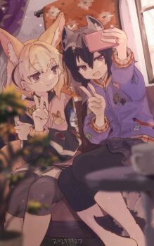 2girls alternate_costume animal_ears barefoot black_hair black_jacket black_pants black_skirt blonde_hair blue_jacket blush brown_eyes capri_pants casual cellphone common_raccoon_(kemono_friends) extra_ears fennec_(kemono_friends) fox_ears fox_girl fox_tail grey_hair grey_pants hair_between_eyes highres jacket kemono_friends multicolored_hair multicolored_jacket multiple_girls nanana_(nanana_iz) open_mouth pants phone pink_jacket pleated_skirt puffy_sleeves raccoon_ears raccoon_girl raccoon_tail selfie short_hair sidelocks sitting skirt smartphone smile tail two-tone_jacket v white_hair white_skirt