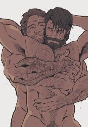 2boys abs arm_hair armpit_hair armpits arms_up arthur_morgan bara bare_pectorals beard biceps bonjourdraws chest_hair closed_eyes commentary completely_nude english_commentary facial_hair highres hip_bones hug joel_(the_last_of_us) looking_at_another looking_back male_focus multiple_boys muscular muscular_male navel nipples nude pectorals red_dead_redemption_(series) smile the_last_of_us the_last_of_us_(series) upper_body white_background yaoi