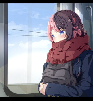 Rule 34 | 1girl, absurdres, alternate costume, backpack, bag, black bag, black hair, blue coat, blue eyes, bow, braid, coat, cogiyamasan, commentary request, covered mouth, day, enpera, hair bow, highres, holding, holding bag, long sleeves, multicolored hair, pink bow, pink hair, red scarf, scarf, scarf over mouth, sleeves past wrists, solo, tachibana hinano, train interior, two-tone hair, upper body, virtual youtuber, vspo!