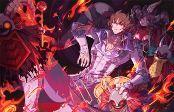 1boy 1girl belt black_hair blonde_hair character_request closed_mouth commentary crimson_resonator dark_resonator demon_horns duel_monster earrings english_commentary fire hair_between_eyes hair_tubes highres horns jack_atlas jacket jewelry long_sleeves looking_at_viewer multicolored_hair pants purple_eyes red_eyes red_hair soul_resonator two-tone_hair white_jacket yu-gi-oh! yu-gi-oh!_5d&#039;s zackpyo