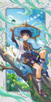 1boy animal_print arm_at_side arm_up armor artist_name belt bird bird_print black_belt black_bodysuit black_bow black_bridal_gauntlets black_hair black_sandals black_shorts blue_background blue_cape blue_gem blue_hat blue_kimono blue_shorts blue_sky blue_sleeves blunt_ends bodysuit border bow bridal_gauntlets bridal_legwear cape closed_mouth cloud cloudy_sky covered_collarbone eyeliner eyeshadow feathers full_body furisode gem genshin_impact glowing_markings gold gold_trim grey_border hakama hakama_shorts hat highres in_tree japanese_armor japanese_clothes jingasa juban kimono knee_up kote kurokote layered_sleeves leaf leg_warmers looking_up lunacerra makeup male_focus mandarin_collar open_clothes open_hand open_kimono pleated_shorts pom_pom_(clothes) purple_eyes purple_rope purple_sash reclining red_eyeliner red_eyeshadow rope sandals sash scaramouche_(genshin_impact) short_sleeves shorts shoulder_peek sitting sitting_in_tree sky smile solo stirrup_legwear tassel toeless_legwear tree two-sided_shorts vortex wanderer_(genshin_impact) white_kimono white_leg_warmers white_sleeves white_trim wind wispy_bangs yellow_feathers zouri